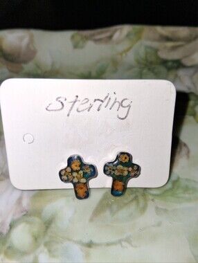 Vintage Mexico Sterling Silver Flower Cross Earrings